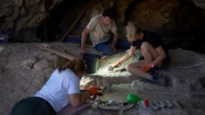 Archaeologists dig for ancient artifacts in Israel's Tinshemet Cave.