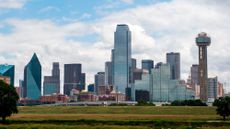 The skyline of downtown Dallas, Texas, is seen.