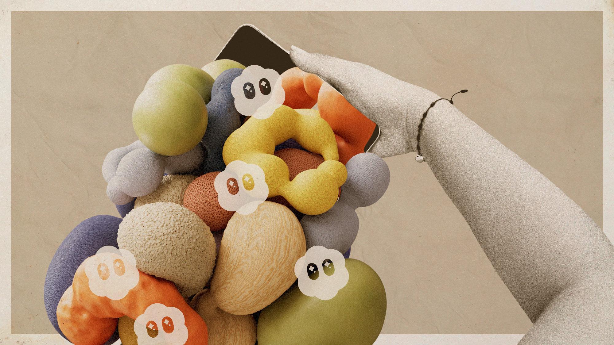 Photo collage of a person holding a phone with amorphous, 3D blobs pouring out of the screen. They're overlaid with the Sora AI watermark