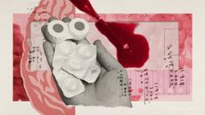 Photo collage of a hand holding a contact lenses case, a blood sample, an illustration of a brain, and mathematical calculations.