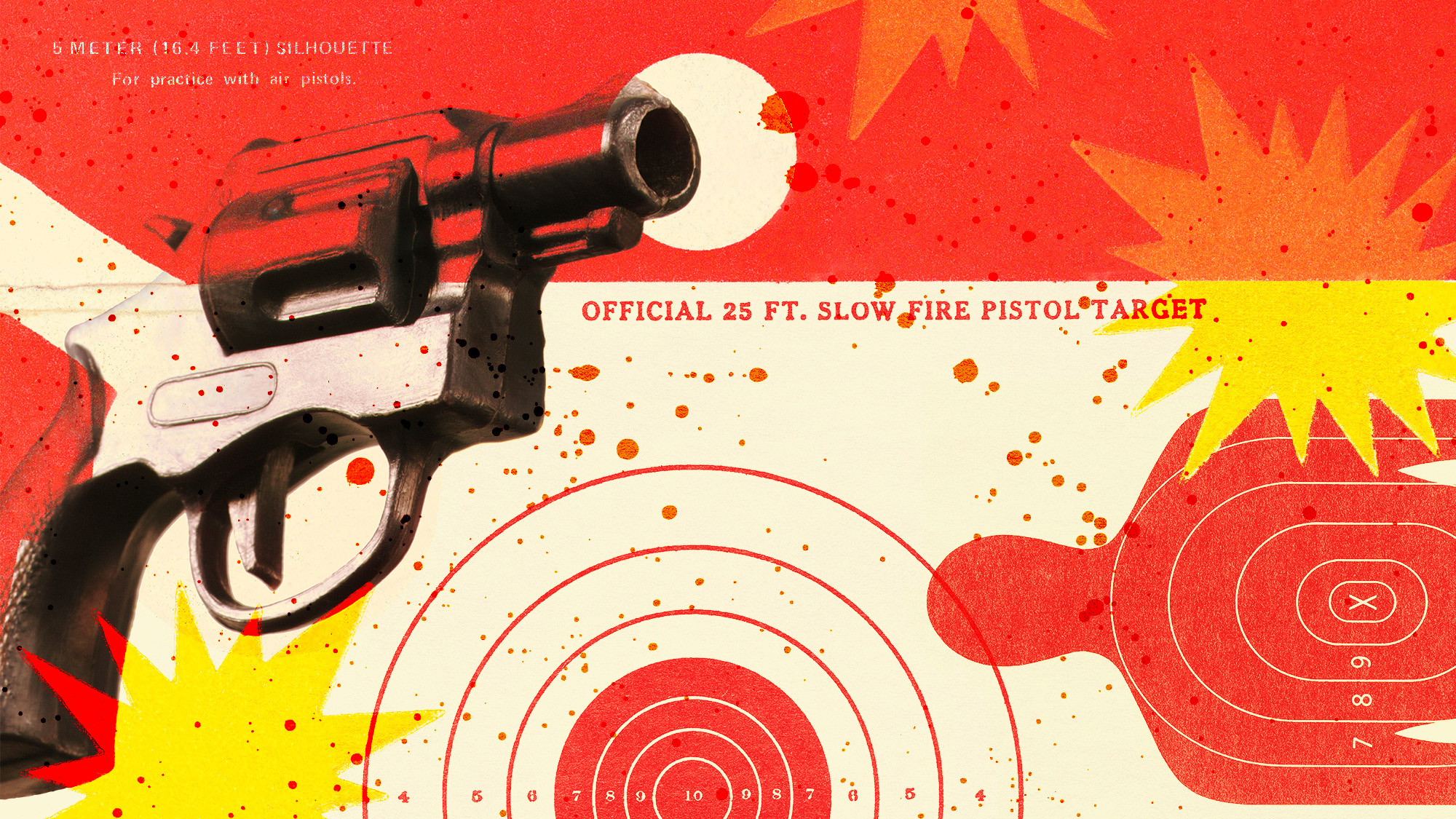 Illustrative collage of a gun and shooting targets