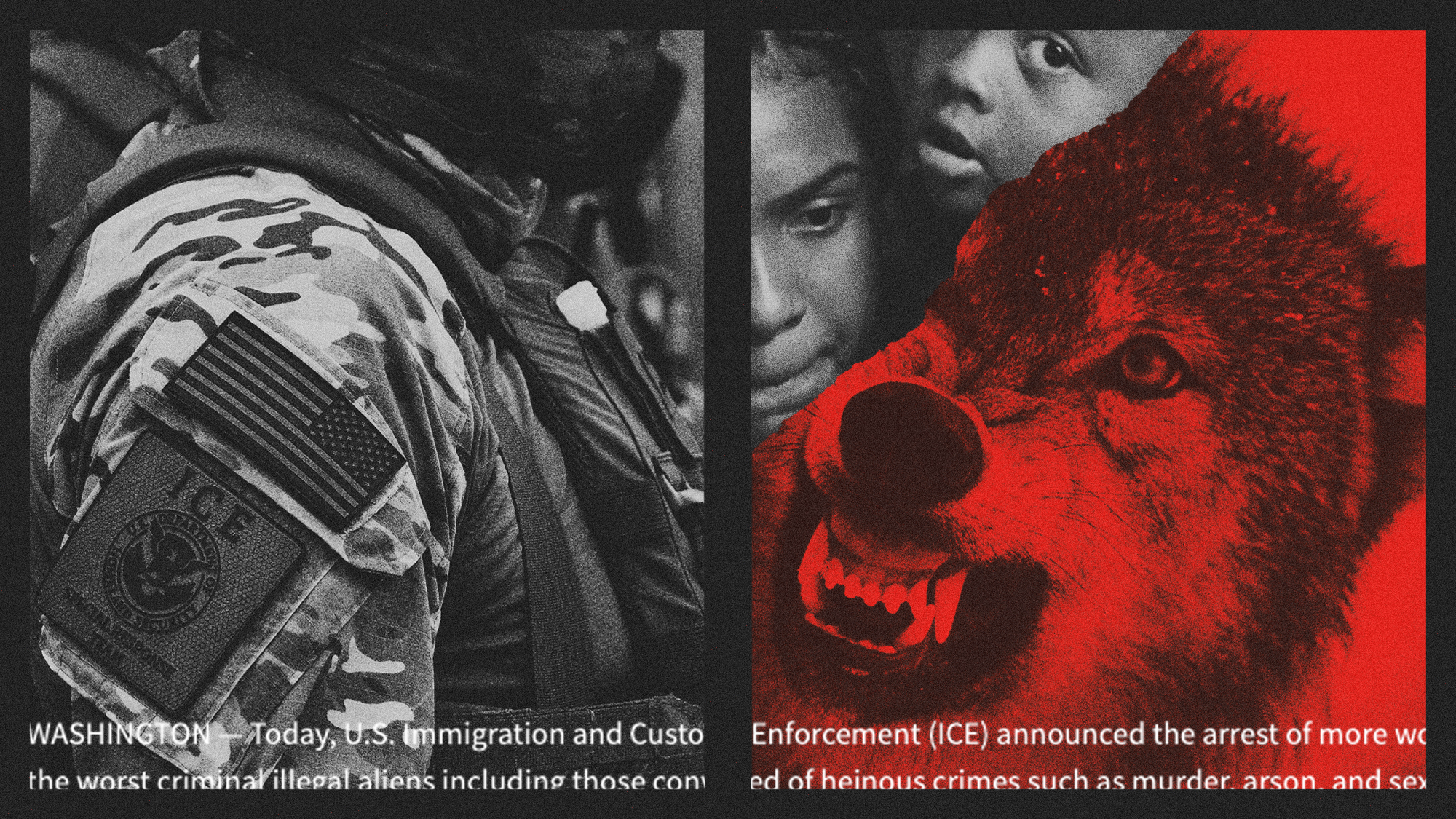 Photo composite illustration of an ICE officer, a migrant mother and child, and snarling wolf