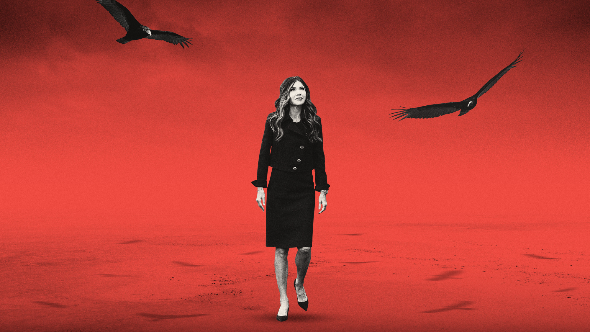 Illustration of Kristi Noem walking through a desert surrounded by circling vultures