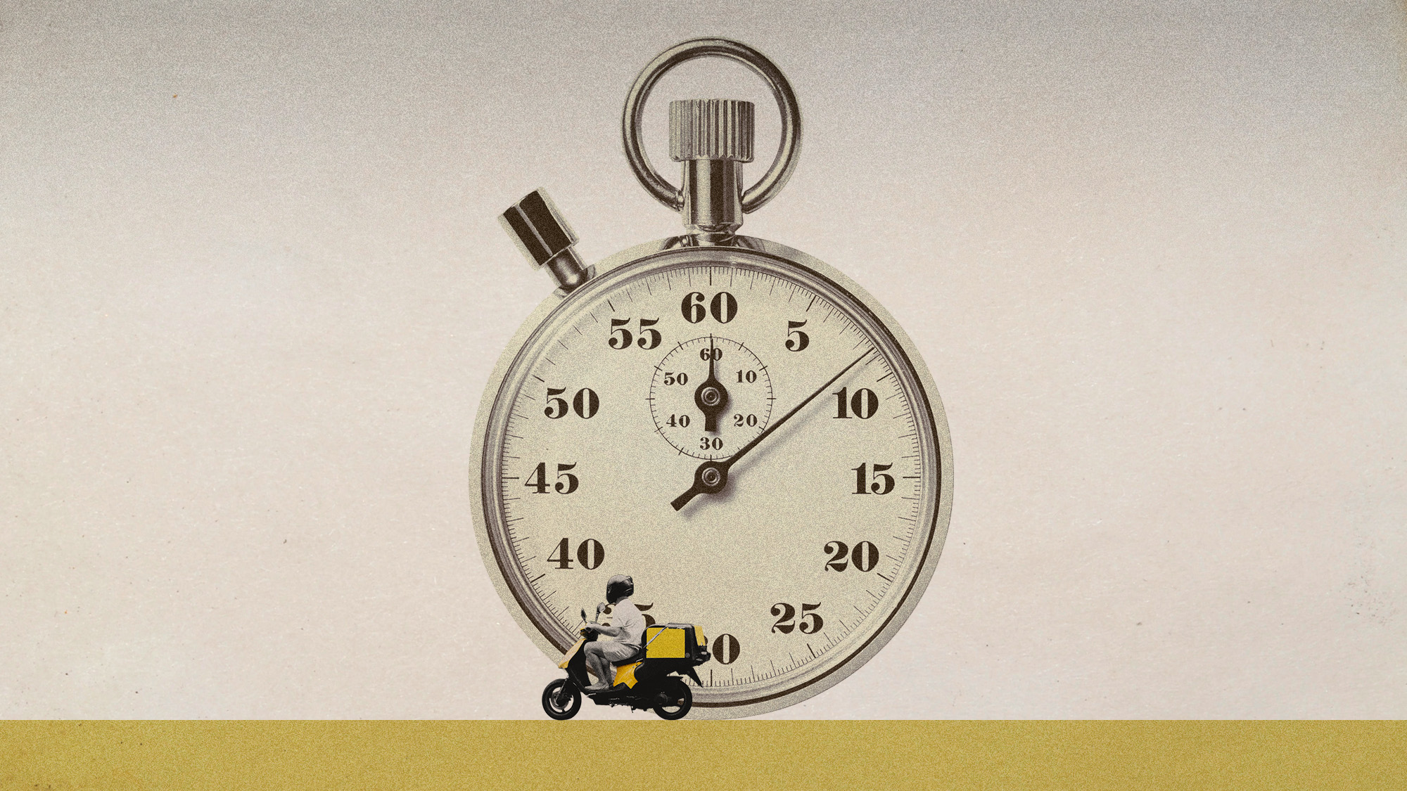 Photo collage of a delivery moped driving past a giant stopwatch