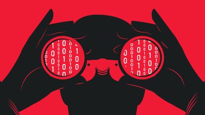 Illustration of a hacker looking through binoculars with binary code