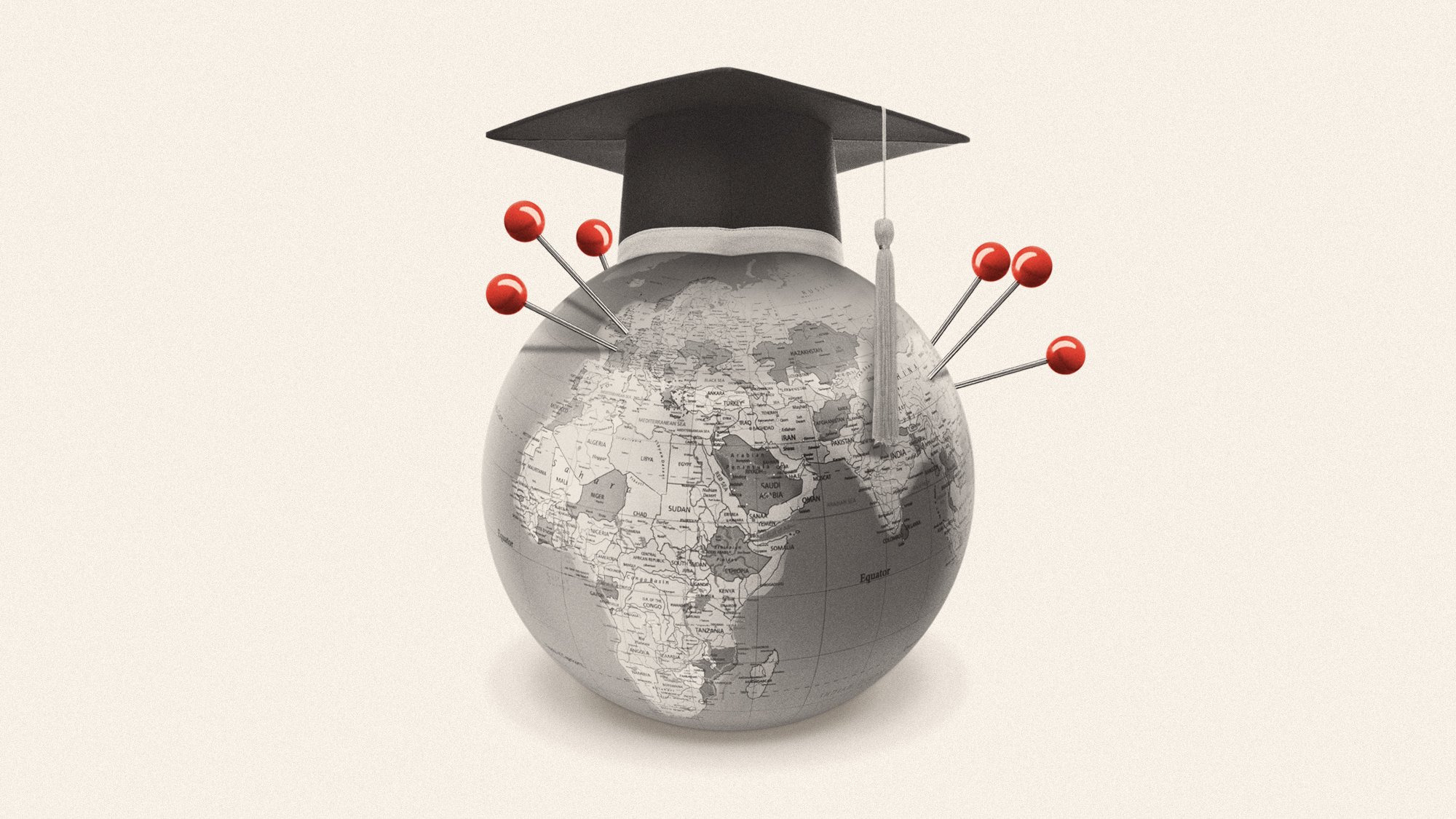 Photo Illustration of a globe topped with a graduation cap and pins stuck into parts of China and Europe